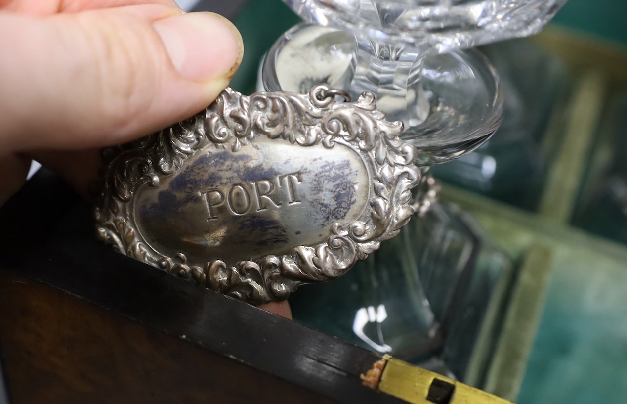A Victorian burr walnut 4 bottle decanter box, four glass decanters and a silver ‘port’ label, 24cm high